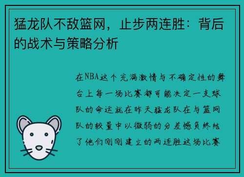 猛龙队不敌篮网，止步两连胜：背后的战术与策略分析