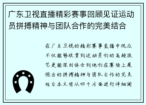 广东卫视直播精彩赛事回顾见证运动员拼搏精神与团队合作的完美结合